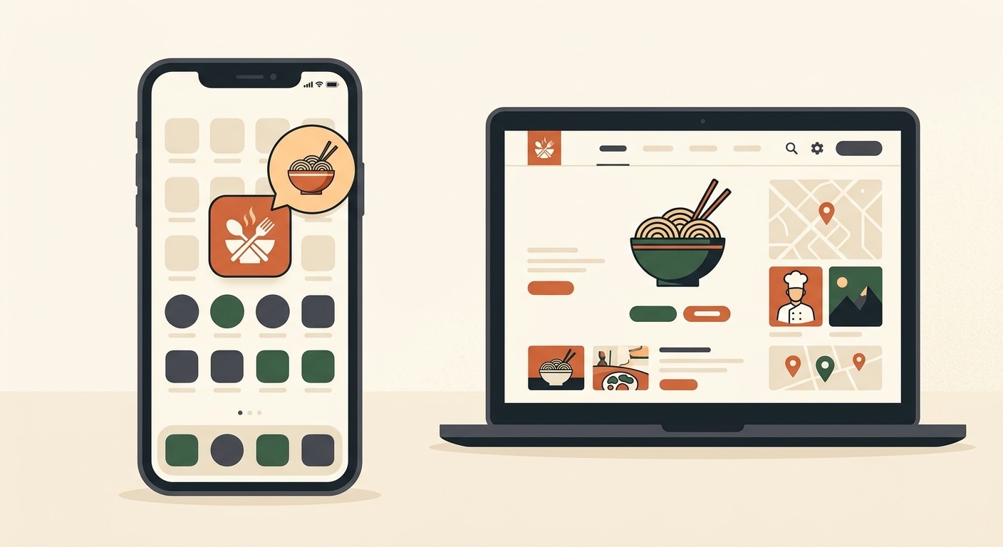 A restaurant app icon on a phone home screen next to the same restaurant website on a laptop