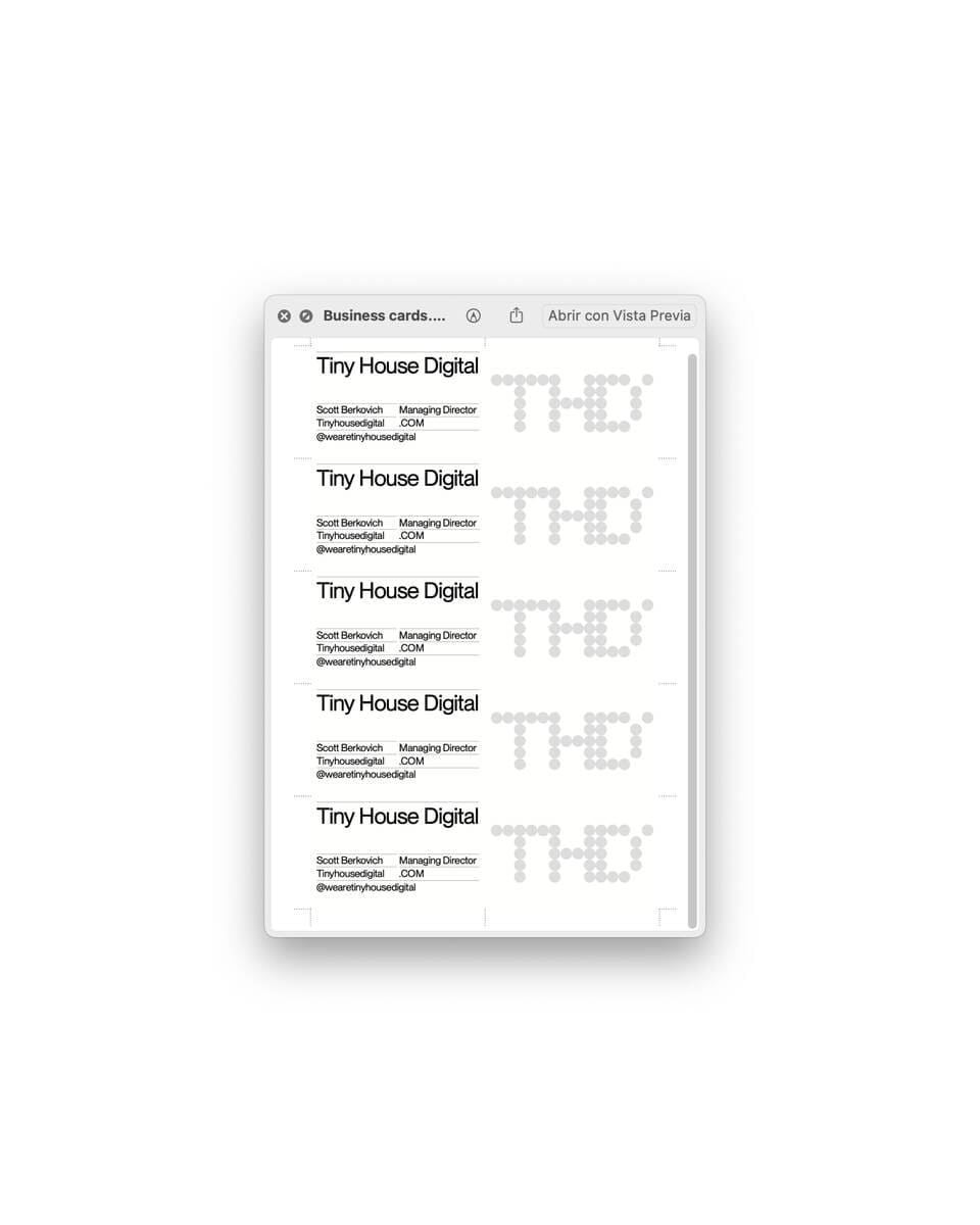 Business cards design fot the brand tiny house digital.