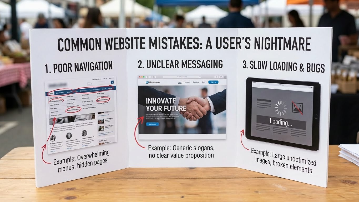 Common website mistakes illustrated with examples of poor design and messaging
