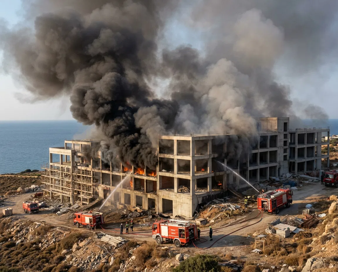 Firefighters responding to an active blaze at a hotel construction site in Analipsi Crete