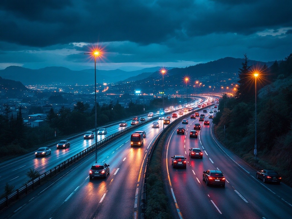 A highway with cars driving on it at night.