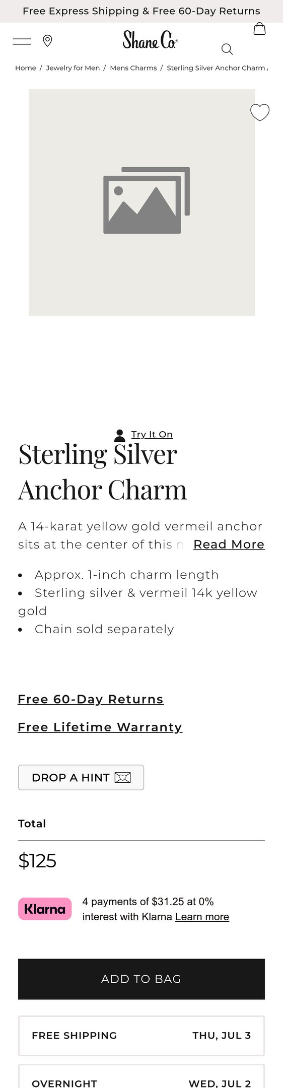 Jewelry product options include: pendant for Sterling Silver Anchor Charm from Shane Co.
