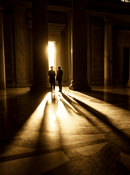 солнечный свет в интерьере Рима и силуэты людей в пространстве