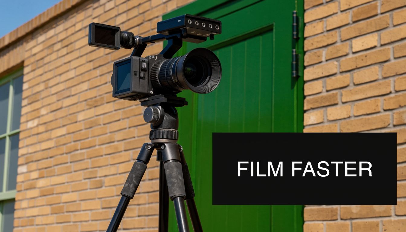 A professional cinema camera mounted on a sturdy tripod outdoors in front of a green door.