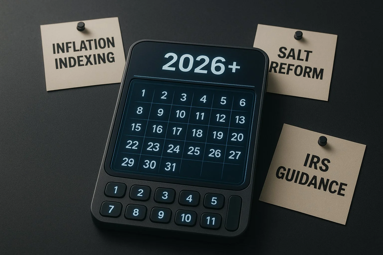 Futuristic calendar marked 2026 surrounded by pinned papers labeled Inflation Indexing, SALT Reform, and IRS Guidance.