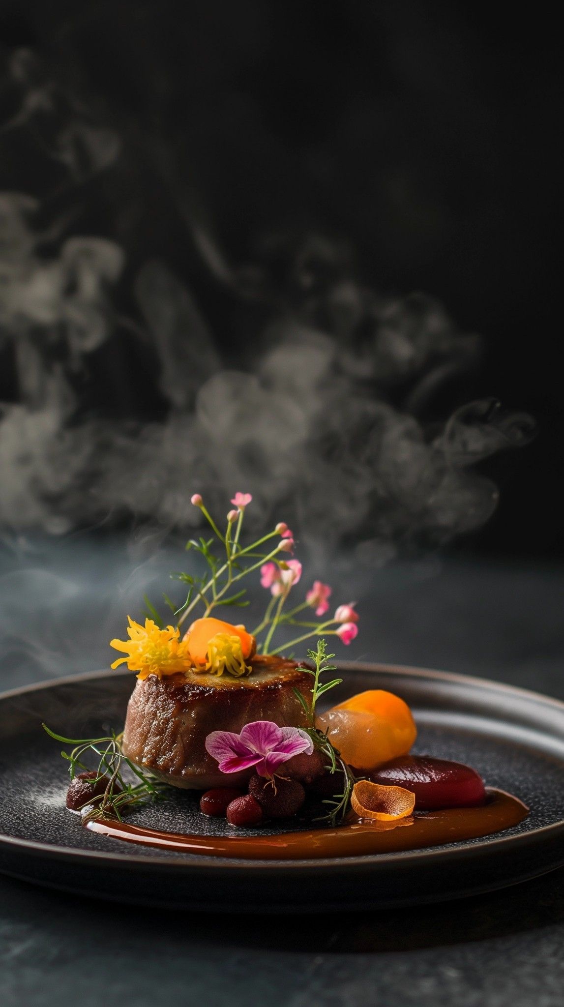 Modern Indian fine dining dish with smoked tender meat, edible flowers, and artistic plating at Dhoom, showcasing luxury gourmet presentation.