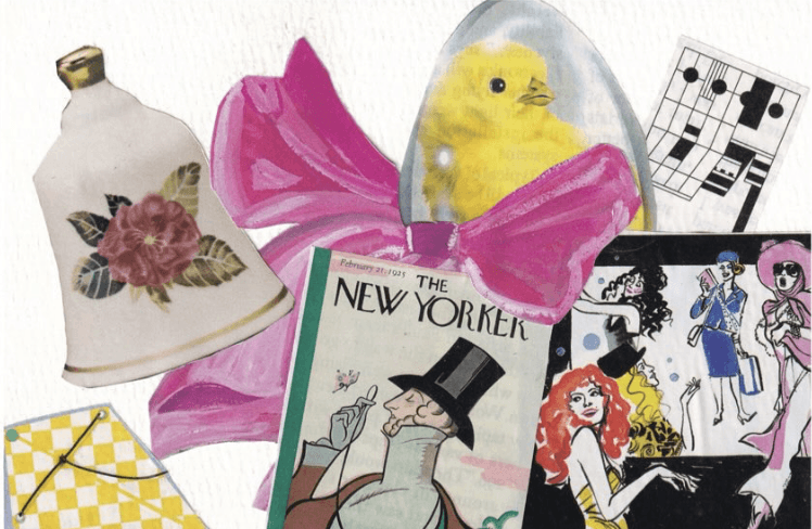 Colorful collage with a rubber duck, pink fabric, playing cards, and magazine cutouts
