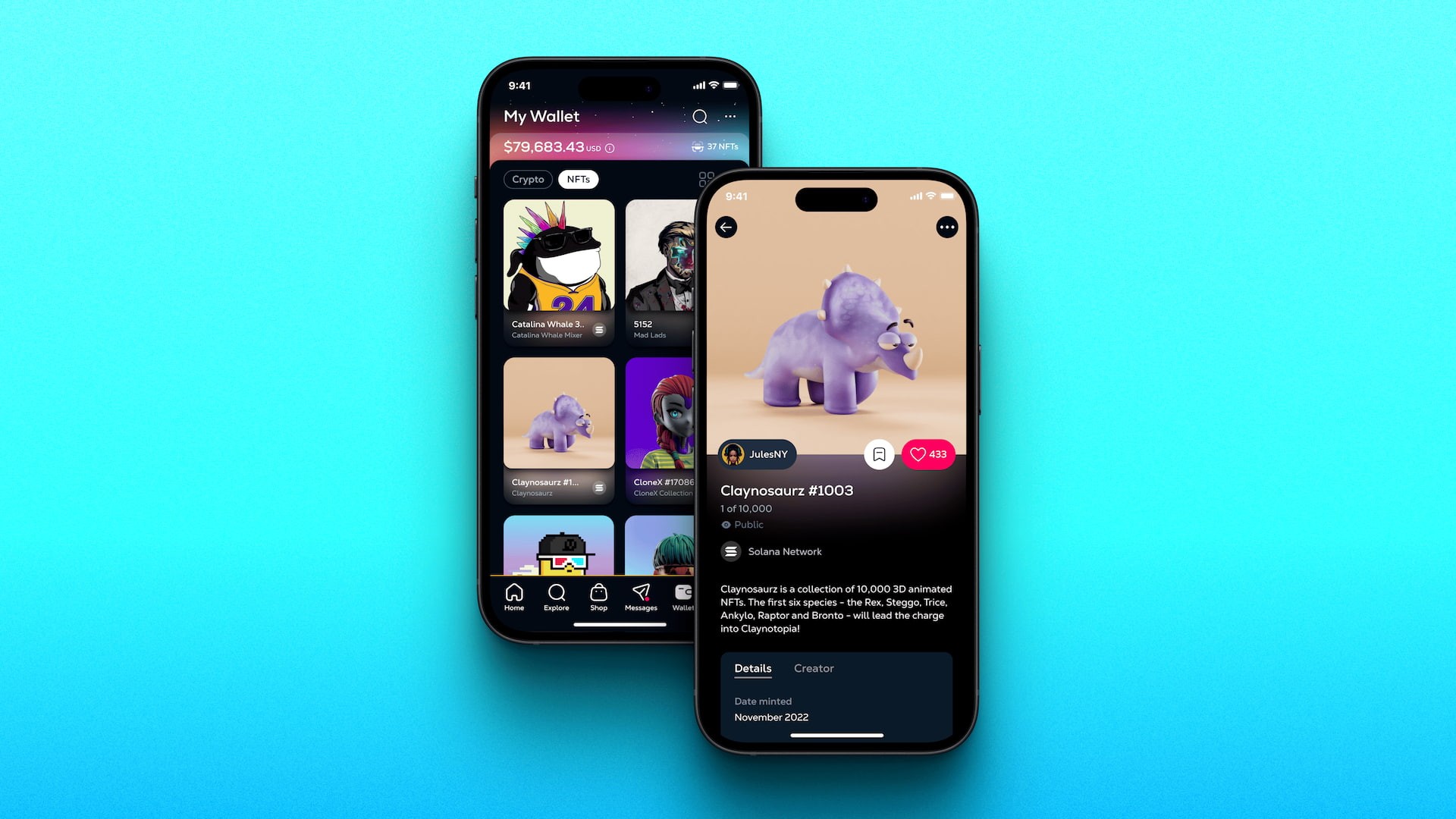 NFT wallet interface for a blockchain social platform, showing a user’s NFT collection and detailed NFT view with metadata, ownership, and engagement actions, designed by Chadd Weston for Calaxy.