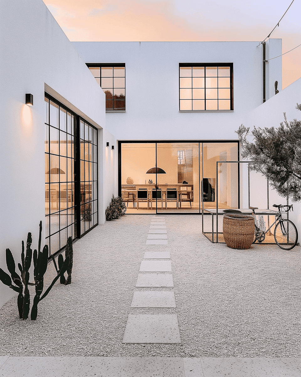 Modern landscape design in Los Angeles featuring a custom hardscape layout. This unique backyard renovation by Renova Built showcases a creative combination of pavers, artificial turf, and concrete. The design includes decorative gravel, stepping stones, and a custom planter wall for a structured, water-wise exterior.