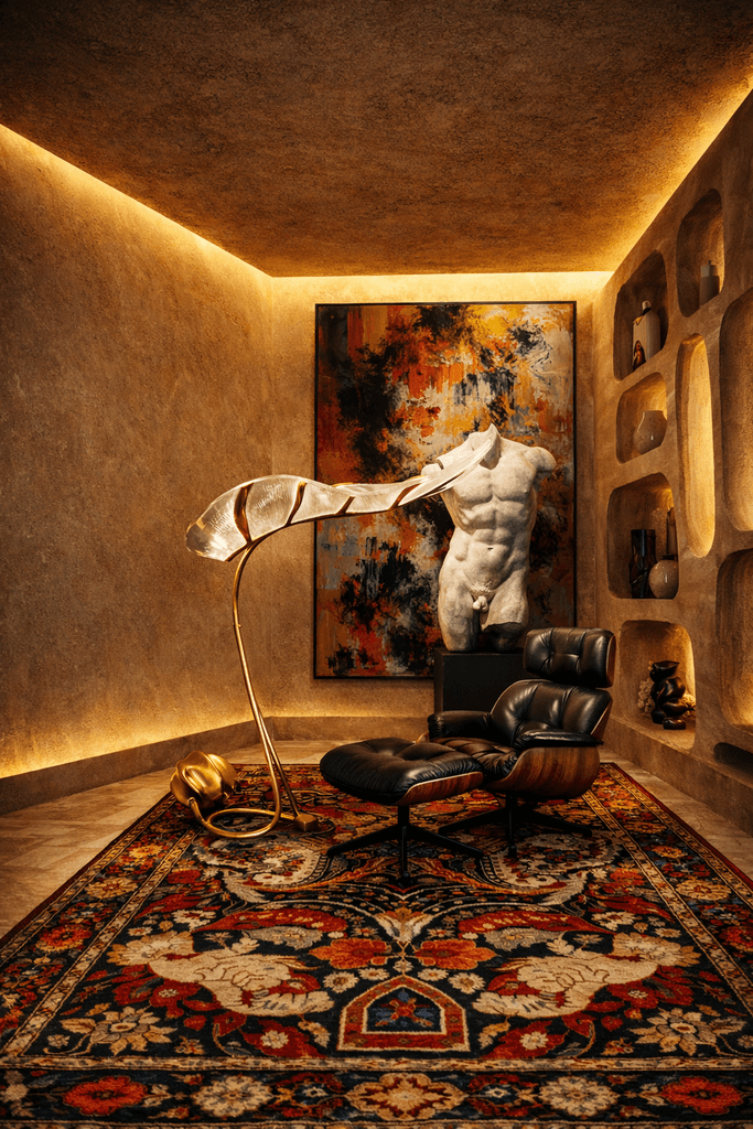 “A luxurious interior corner with warm beige travertine walls and soft hidden LED lighting. A patterned Persian rug covers the floor, with a black leather Eames lounge chair and ottoman placed on top. Next to the chair stands a sculptural gold floor lamp with a curved stem and leaf-shaped glass shade. On the back wall hang two large framed abstract paintings—one featuring an orange and blue expressive face-like composition, and the other a bold purple and black abstract artwork. Built-in wall niches on the right display decorative ceramic objects.”
