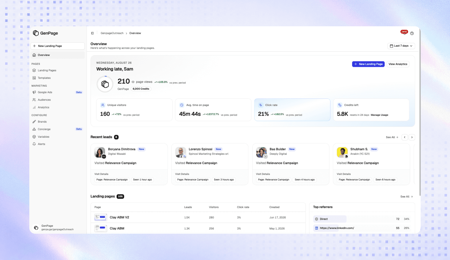 The new GenPage overview dashboard showing visitor and conversion performance