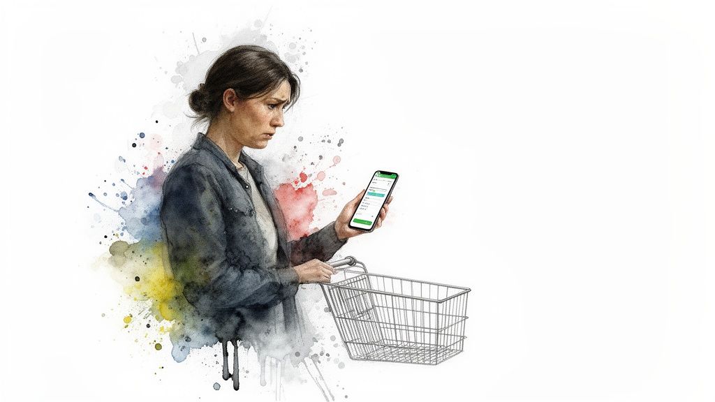 A concerned woman in watercolor art checks her smartphone while holding a shopping cart.