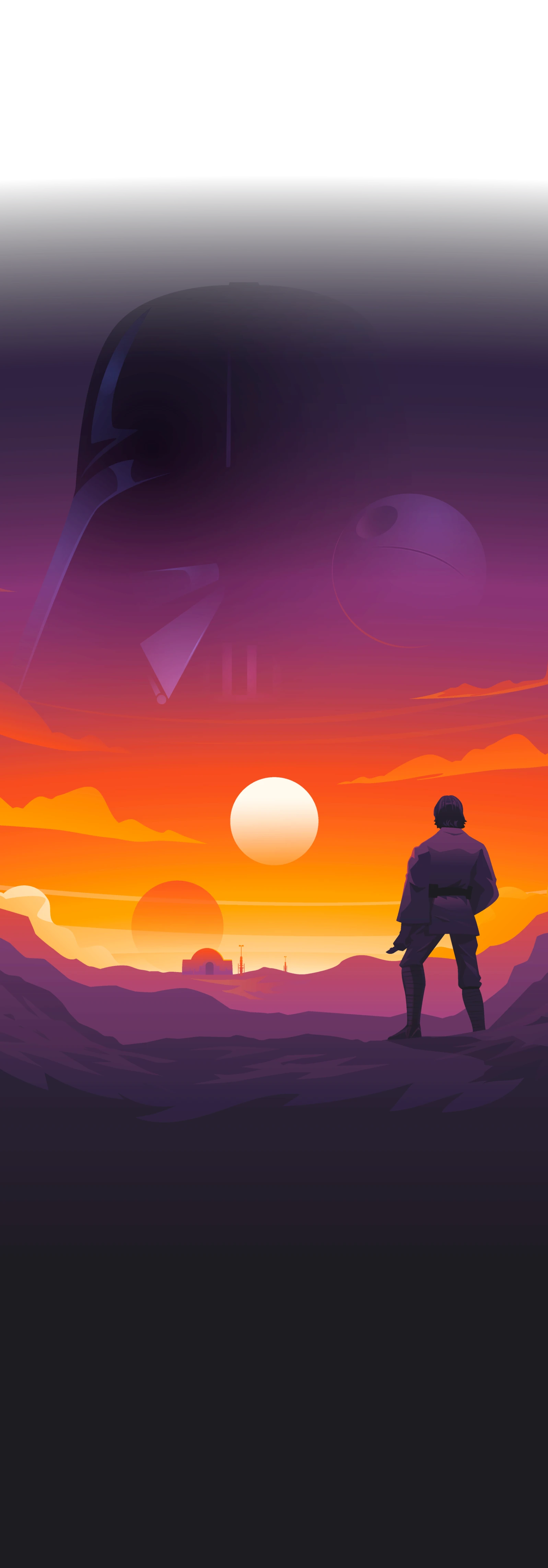 Silhouette of a person standing on a landscape, watching a vibrant sunset with orange and purple hues.