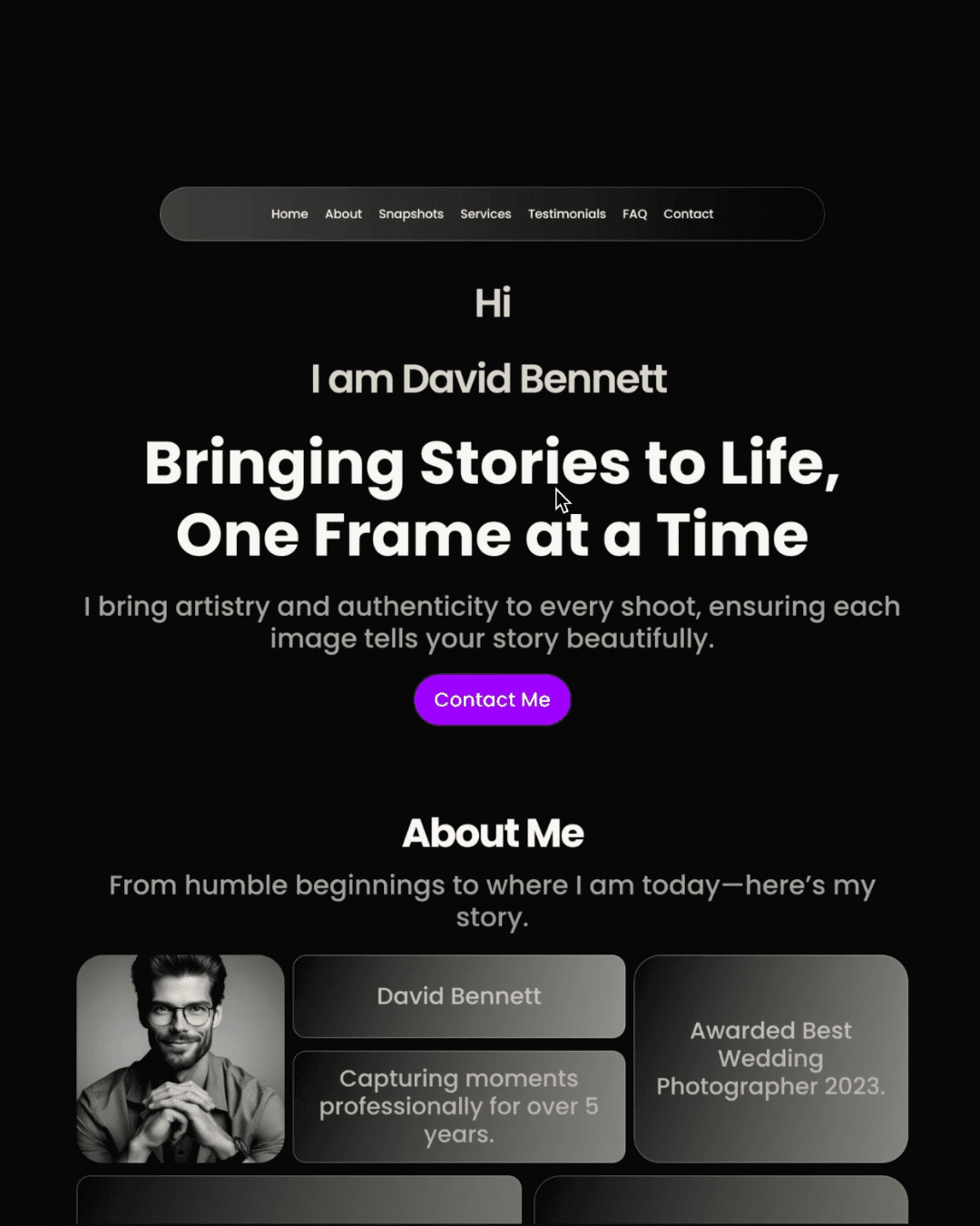 Photographer David Bennett's homepage with navigation links and a headline emphasizing storytelling through photography