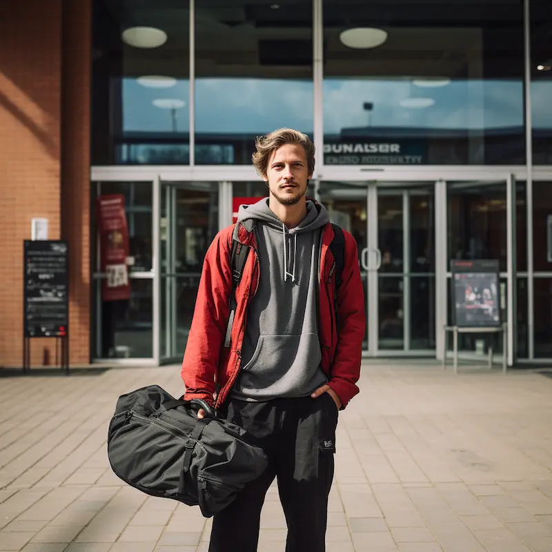 Un homme devant la salle de fitness avec son sac de sport