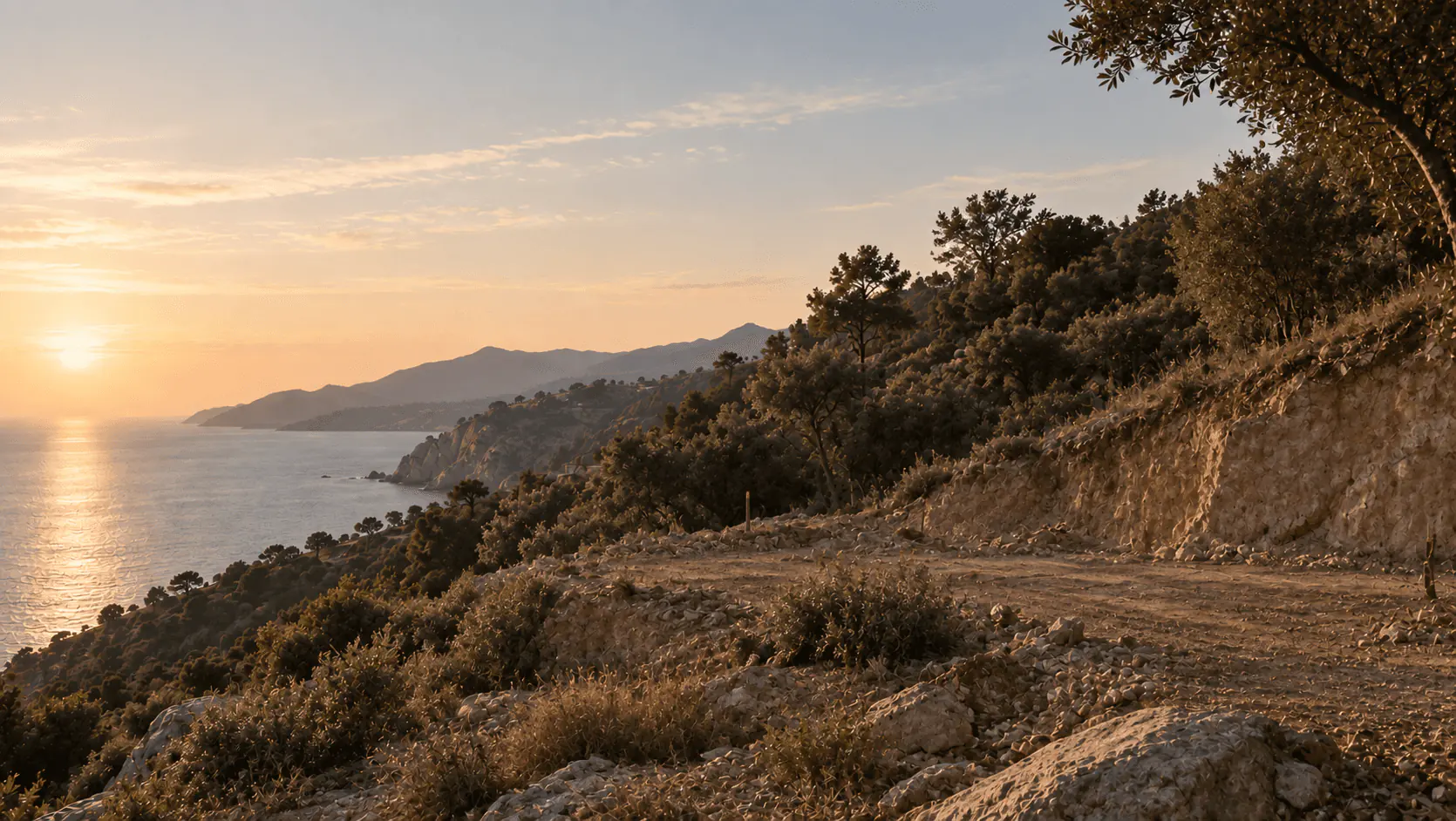 Hillside House, before: a bare hillside overlooking the bay at sunset