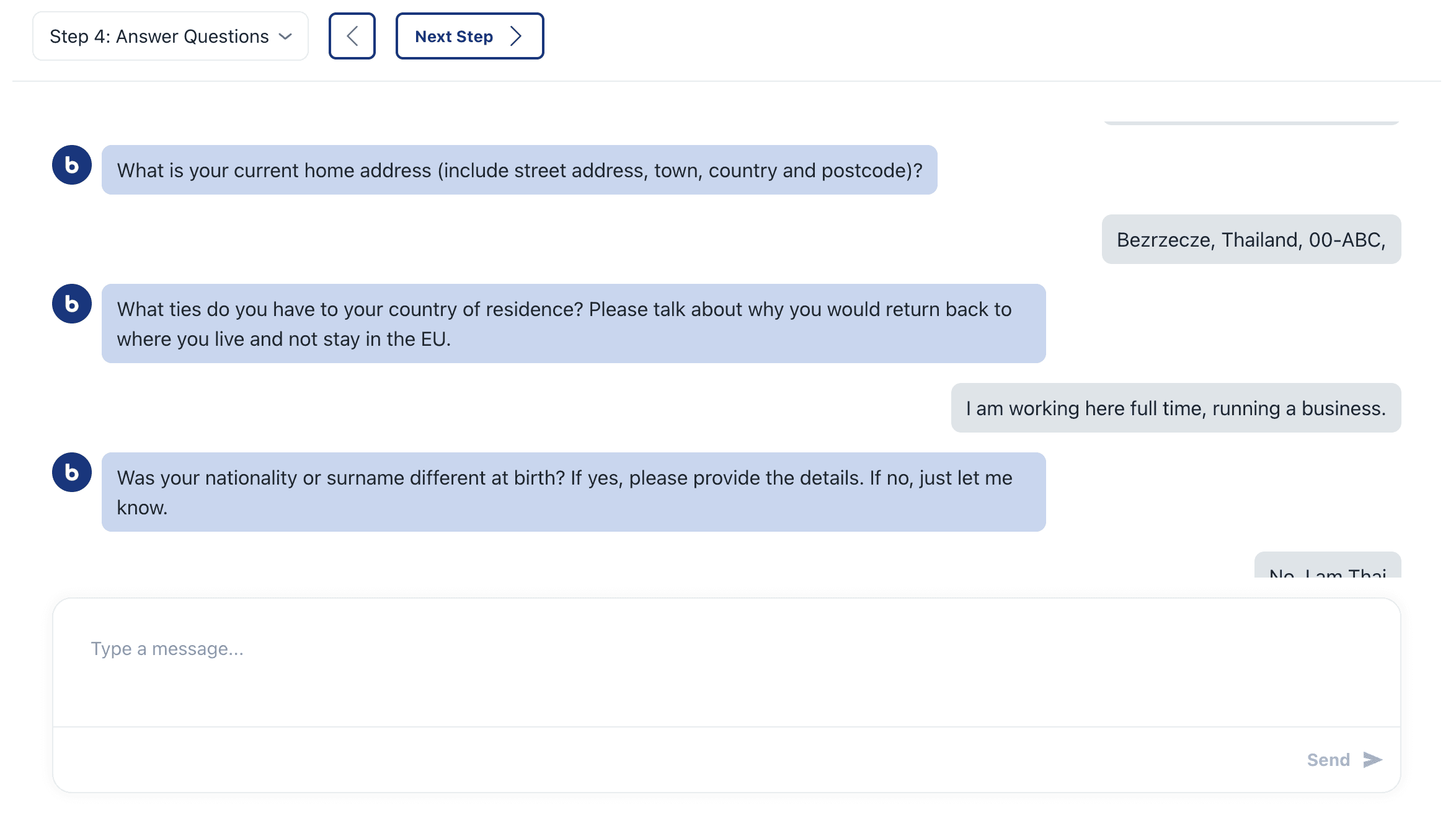 Barnab chat interface used for interacting with users and filling out the government forms.
