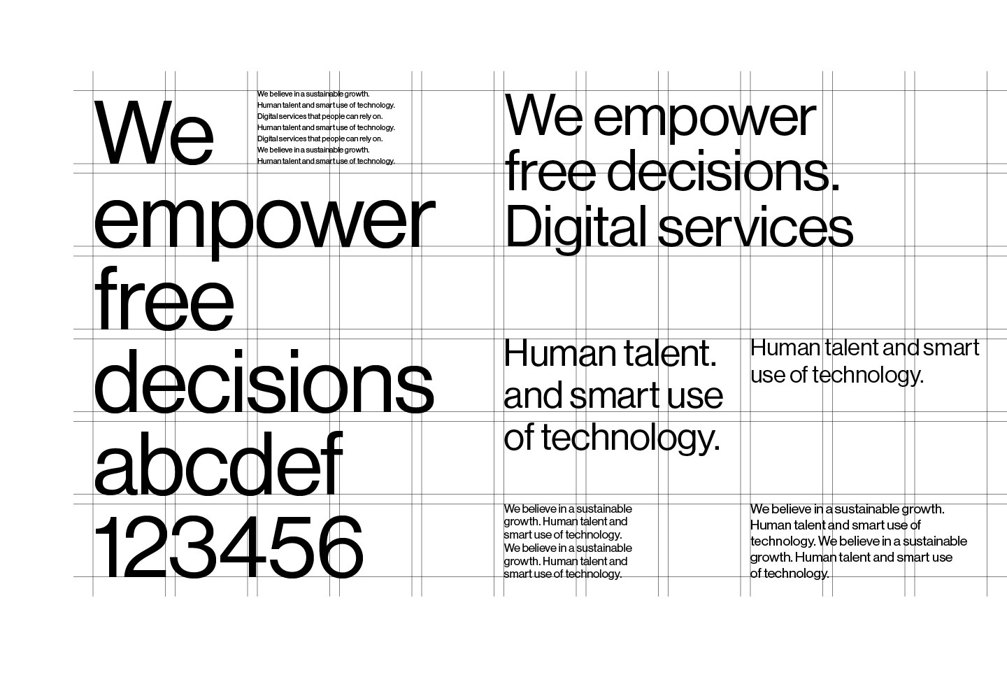 Biała plansza typograficzna z czarnym hasłem „We empower free decisions”, alfabetem i cyframi na siatce.