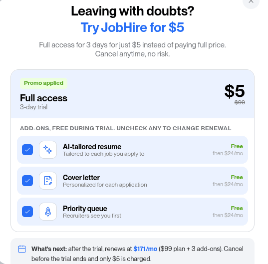 JobHire.ai $5 trial with three add-ons pre-selected that renew at $171 per month