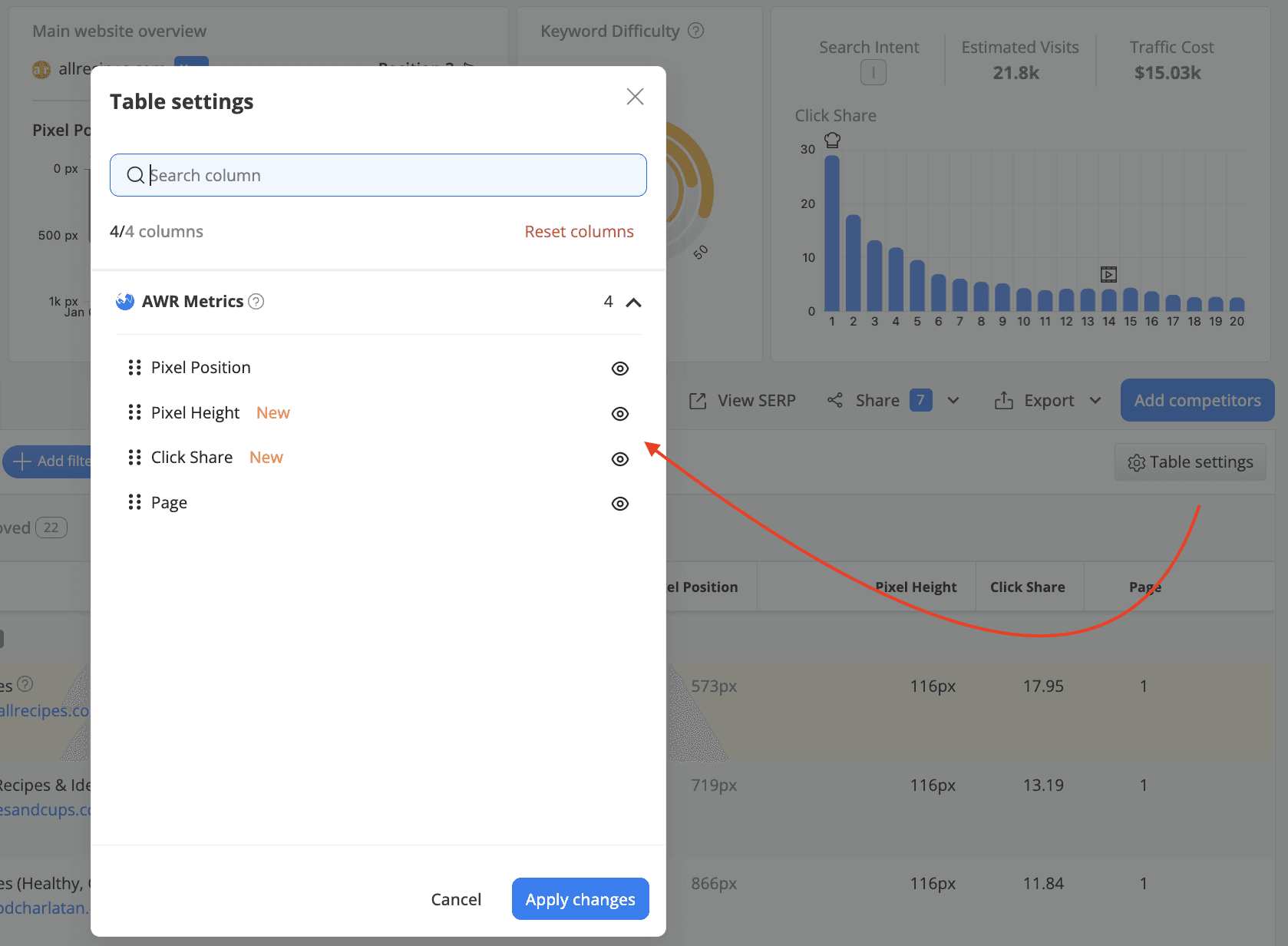 Top Sites Report Pixel Height and Click Share columns