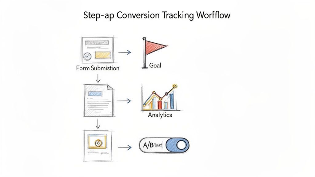 Diagram illustrating a conversion tracking workflow with form submission, goal setting, analytics, and A/B testing.
