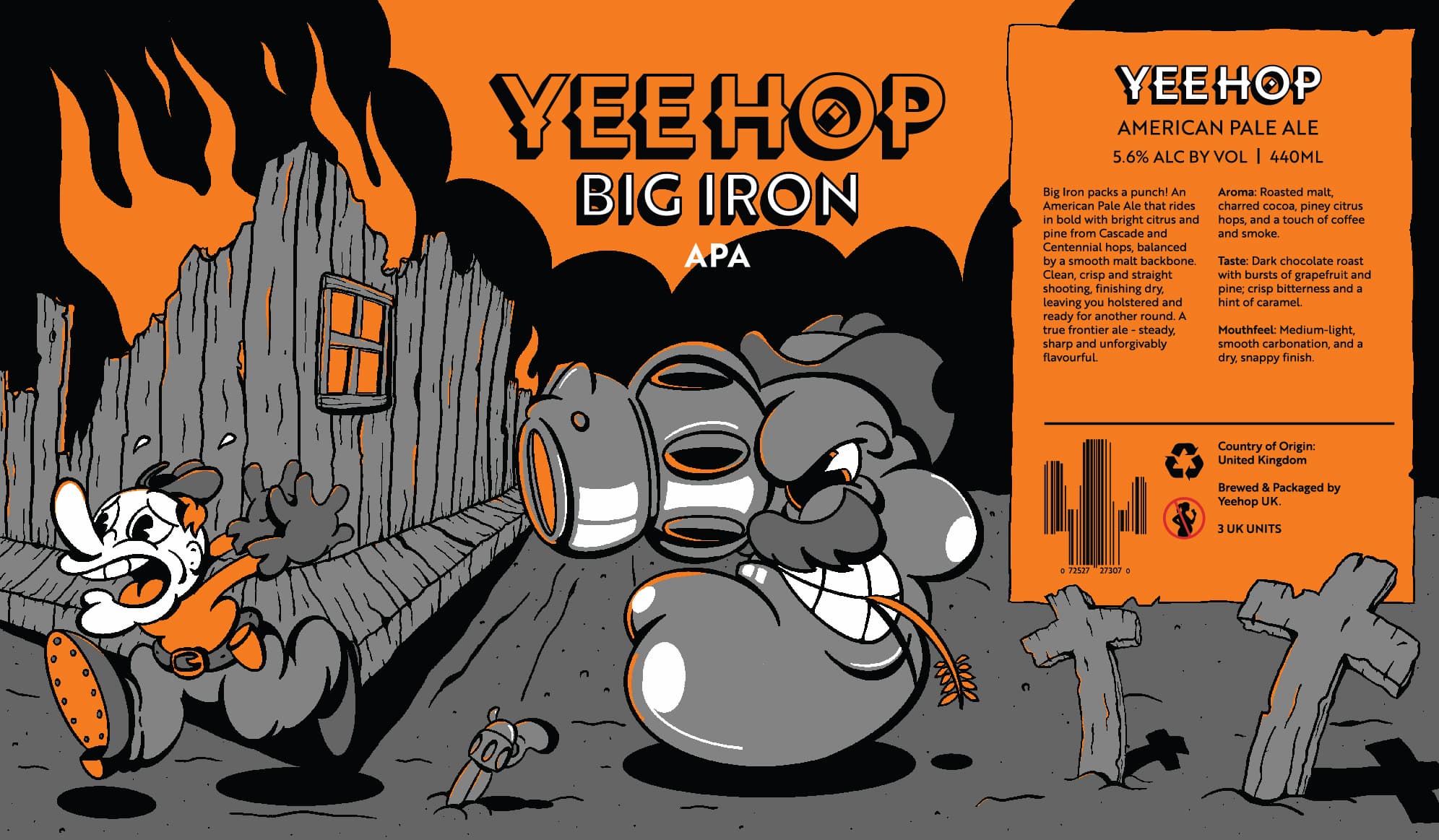YeeHop Big Iron APA label artwork, featuring playful rubber-hose–style artwork of a pistol-shaped villain character in a Wild West scene with a town on fire.