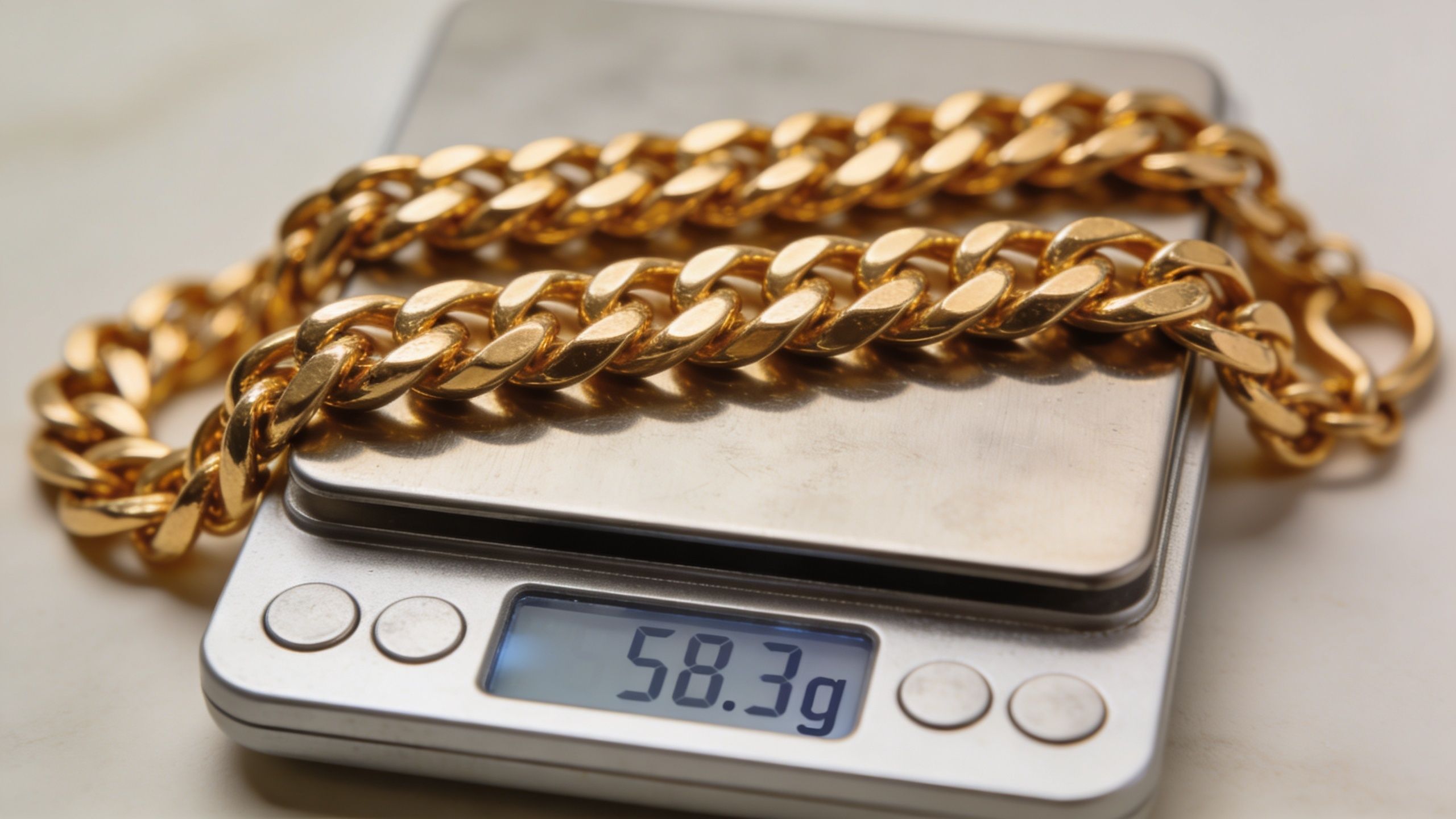 A thick, polished gold Cuban link chain resting on a digital scale displaying 58.3 grams.