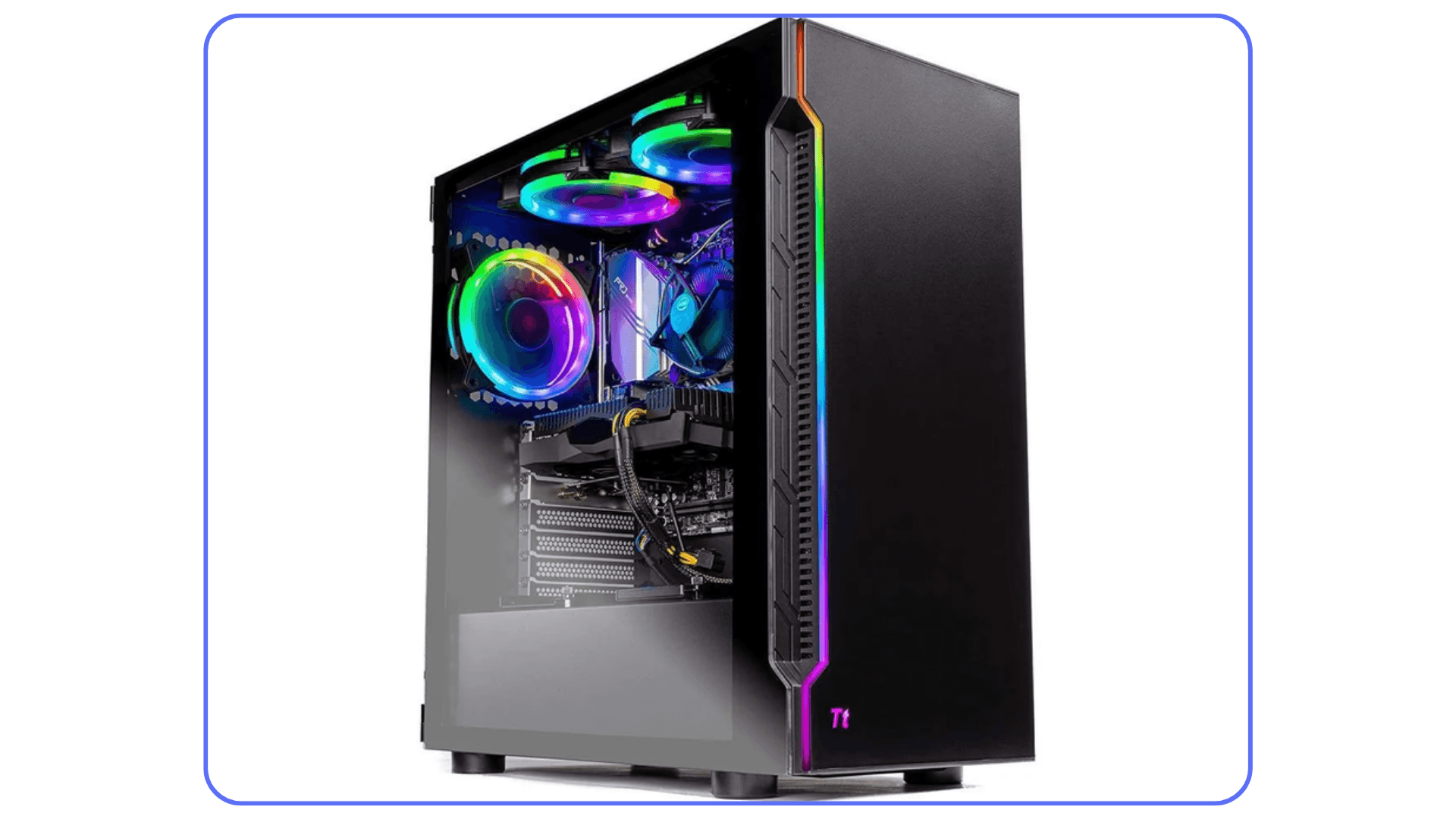 Thermaltake desktop PC with RGB cooling fans and transparent side panel