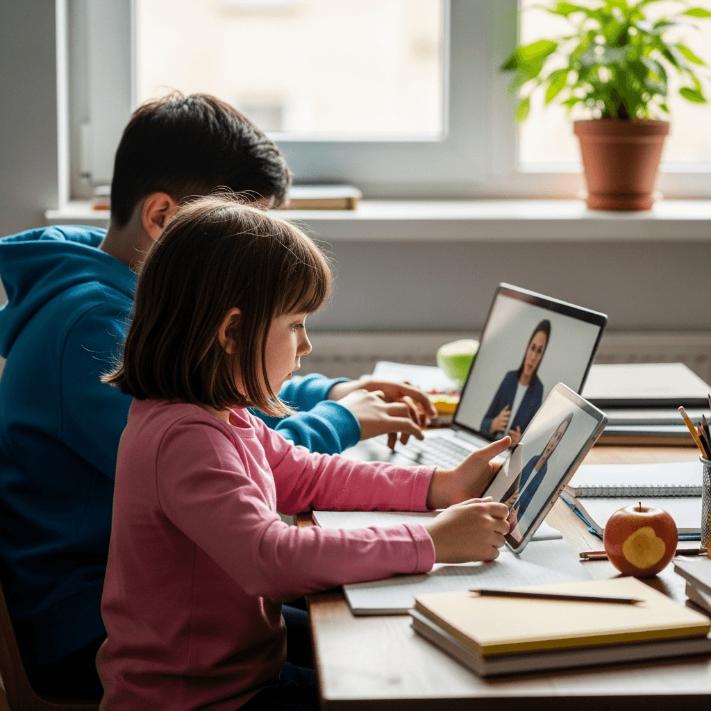 A young girl using a tablet for an online lesson while a boy beside her works on a laptop, both participating in virtual learning at a shared desk