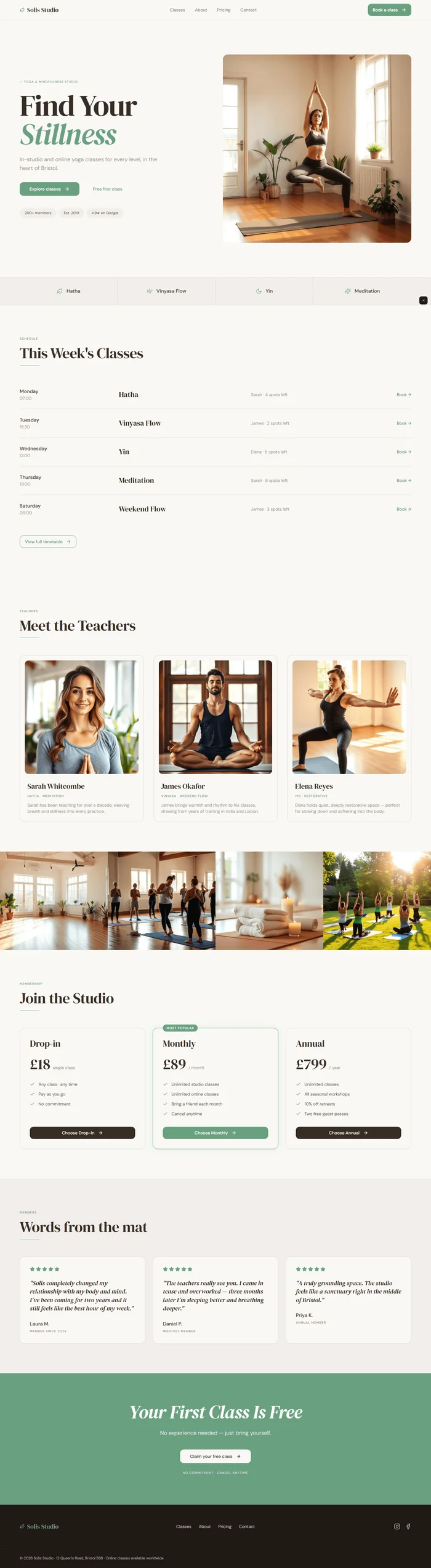 Yoga studio website prompt full preview — warm white #faf7f2 background with sage green #6b9e7a accent, DM Serif Display hero headline with floating instructor portrait right and trust chips below CTAs, sage class types chip strip with lucide icons sliding in from left, five horizontal class schedule rows with day and time on left and instructor details right, three instructor portrait cards with sage glow on hover, and three membership pricing cards with featured middle sage border