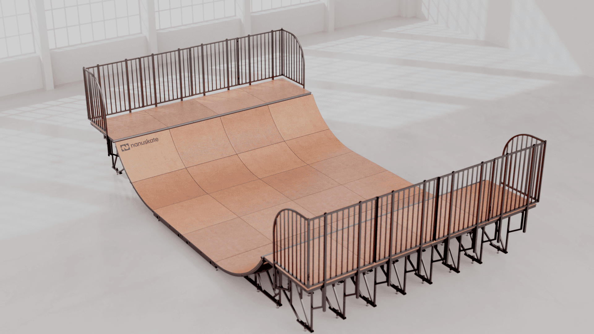 Fully built nanuskate skate ramp. Ideal for skateboarding and other sports. Can be used indoors or outdoors
