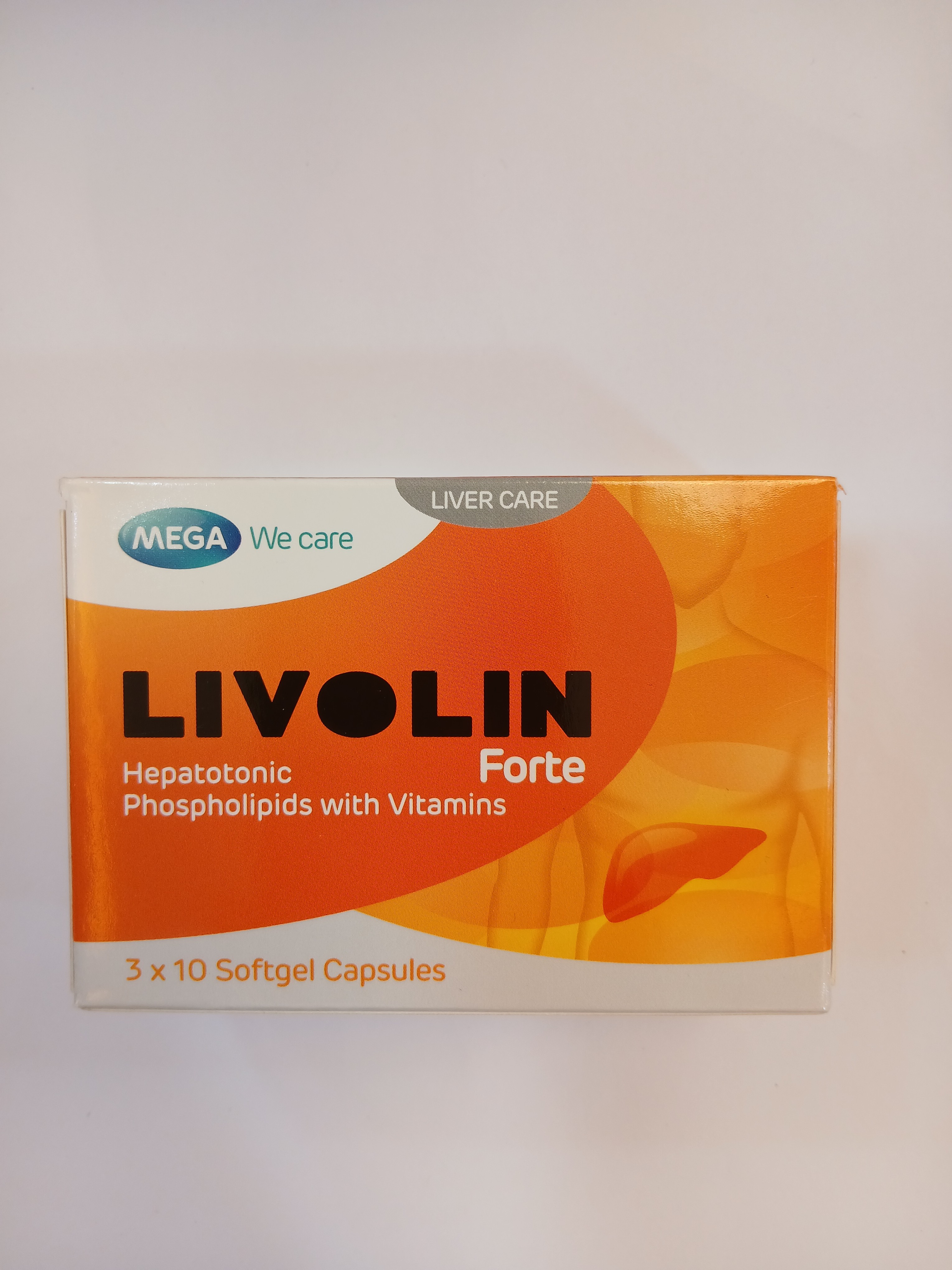White and orange cardboard box packaging displays a liver illustration and text indicating it contains three blister packs of ten softgel capsules each.