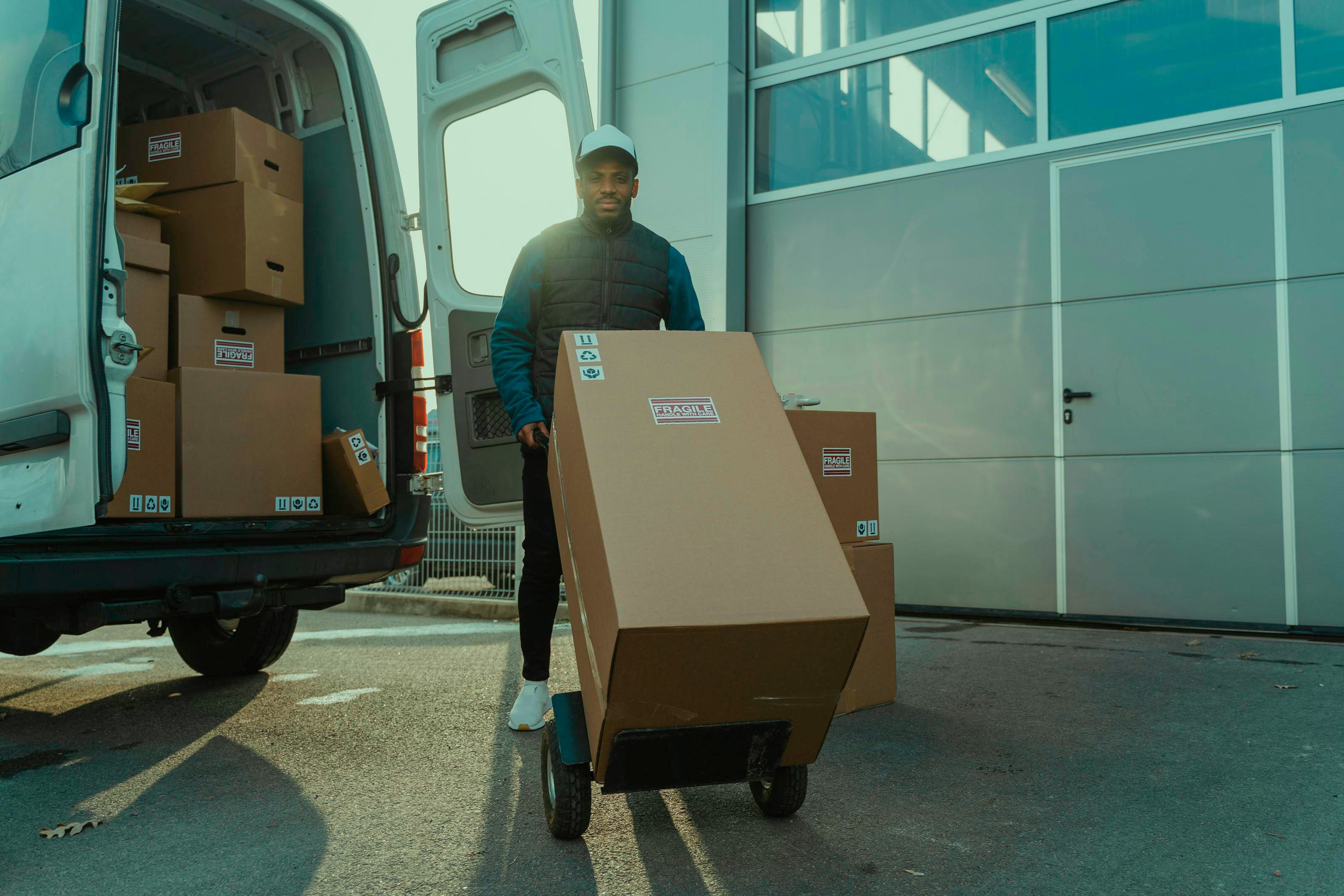 Man transporting a large box with a transport cart