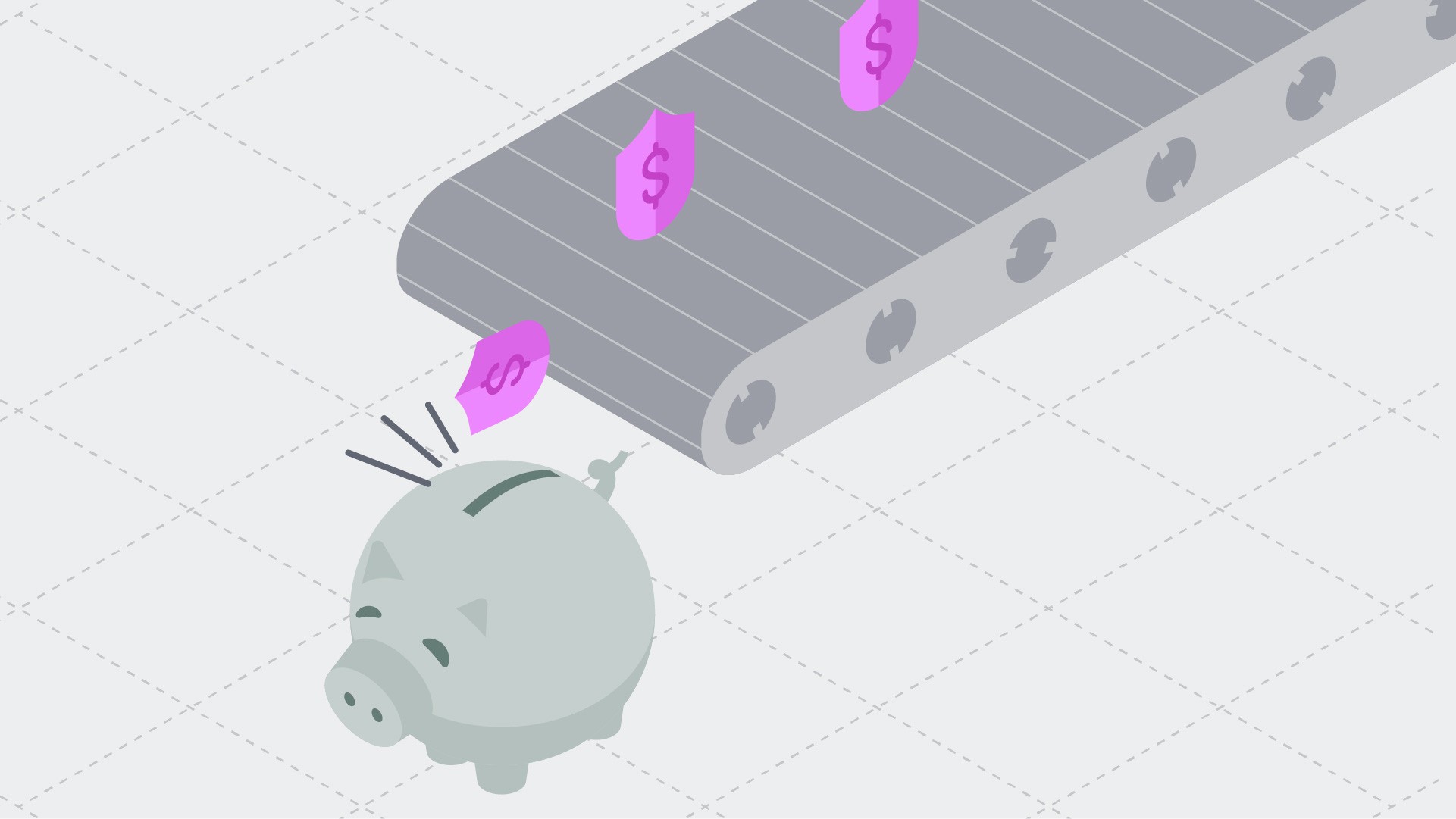 Simple isometric illustration of a piggy bank getting feed insurance money tokens.