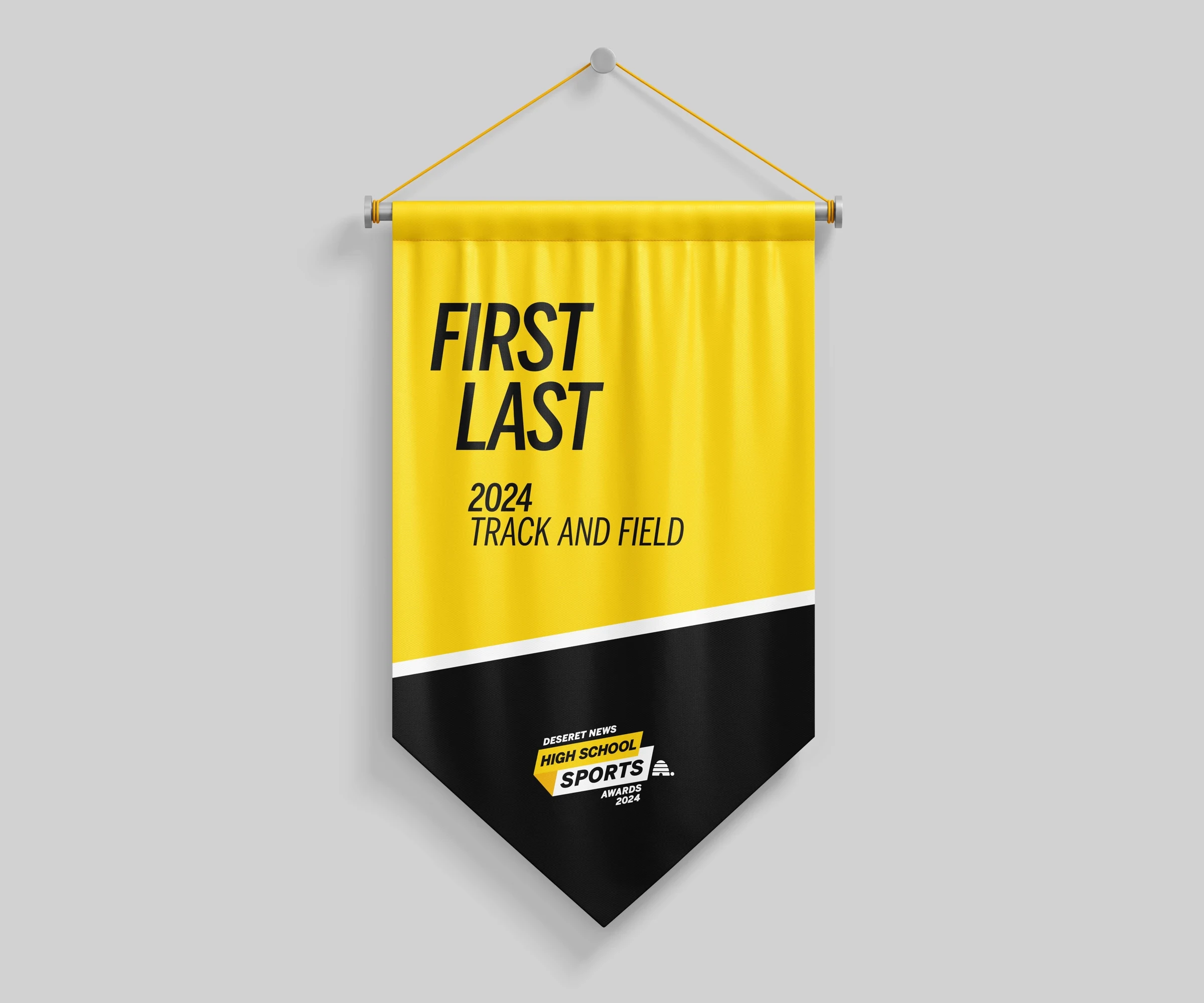 Yellow hanging banner mockup with black athlete typography and a black awards logo panel