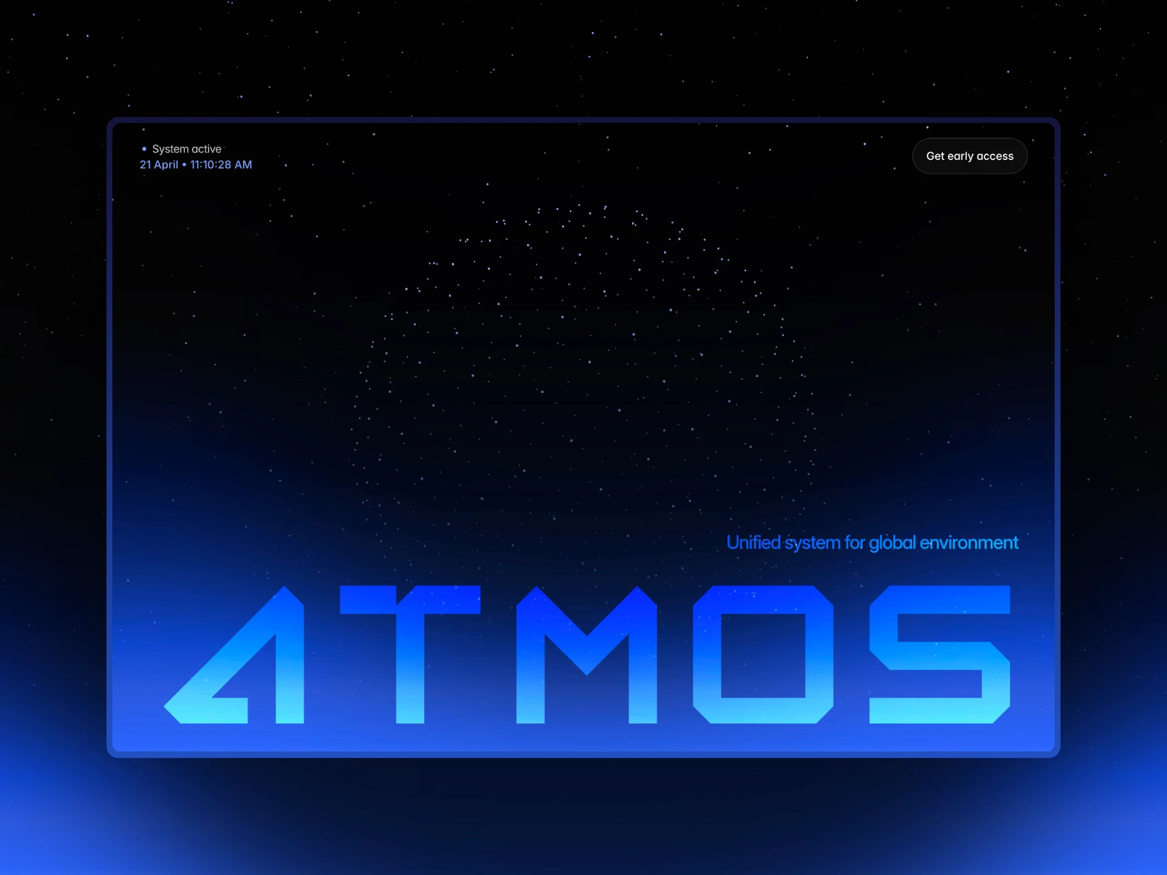 Atmos AI platform homepage with glowing logo and real-time global data system interface for climate and infrastructure monitoring