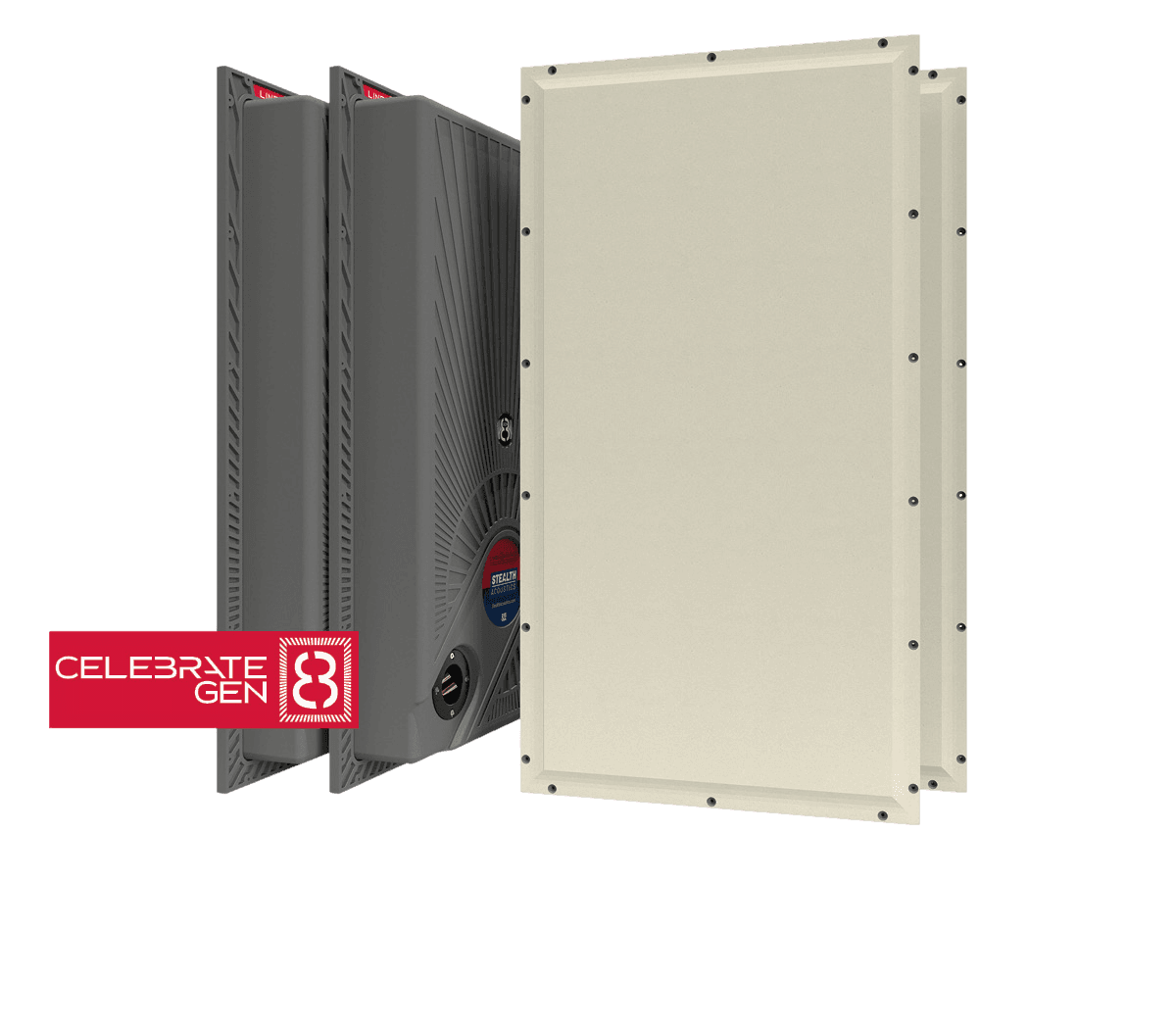Two dark gray sound panels and two beige panels.