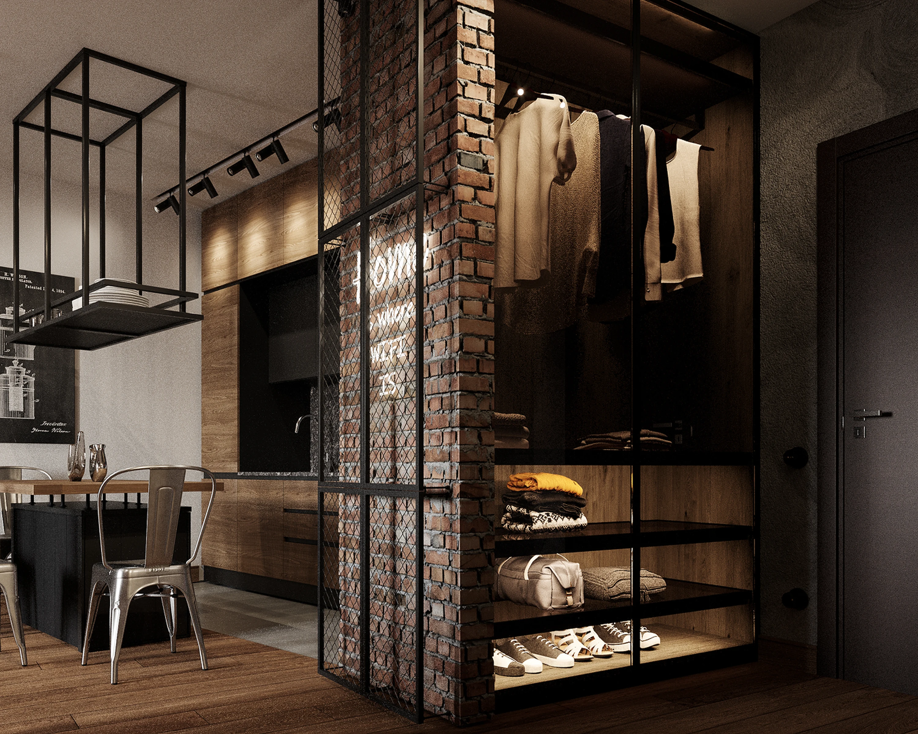 Détail — joint creux entre lambris et minéral.