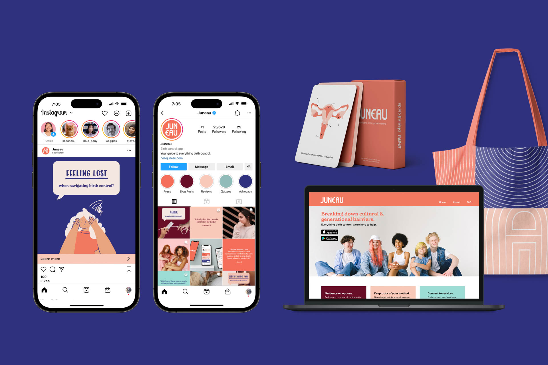 Two smartphones display the Junau app interface, showcasing a collage of images and text. The left phone shows a “Feeling Lost” message with a woman’s hand covering her face. The right phone displays a calendar with dates and app icons. A laptop screen displays a promotional image for “Junau,” featuring a family photo and text about breaking down barriers. A pink tote bag with circular patterns is positioned to the right.