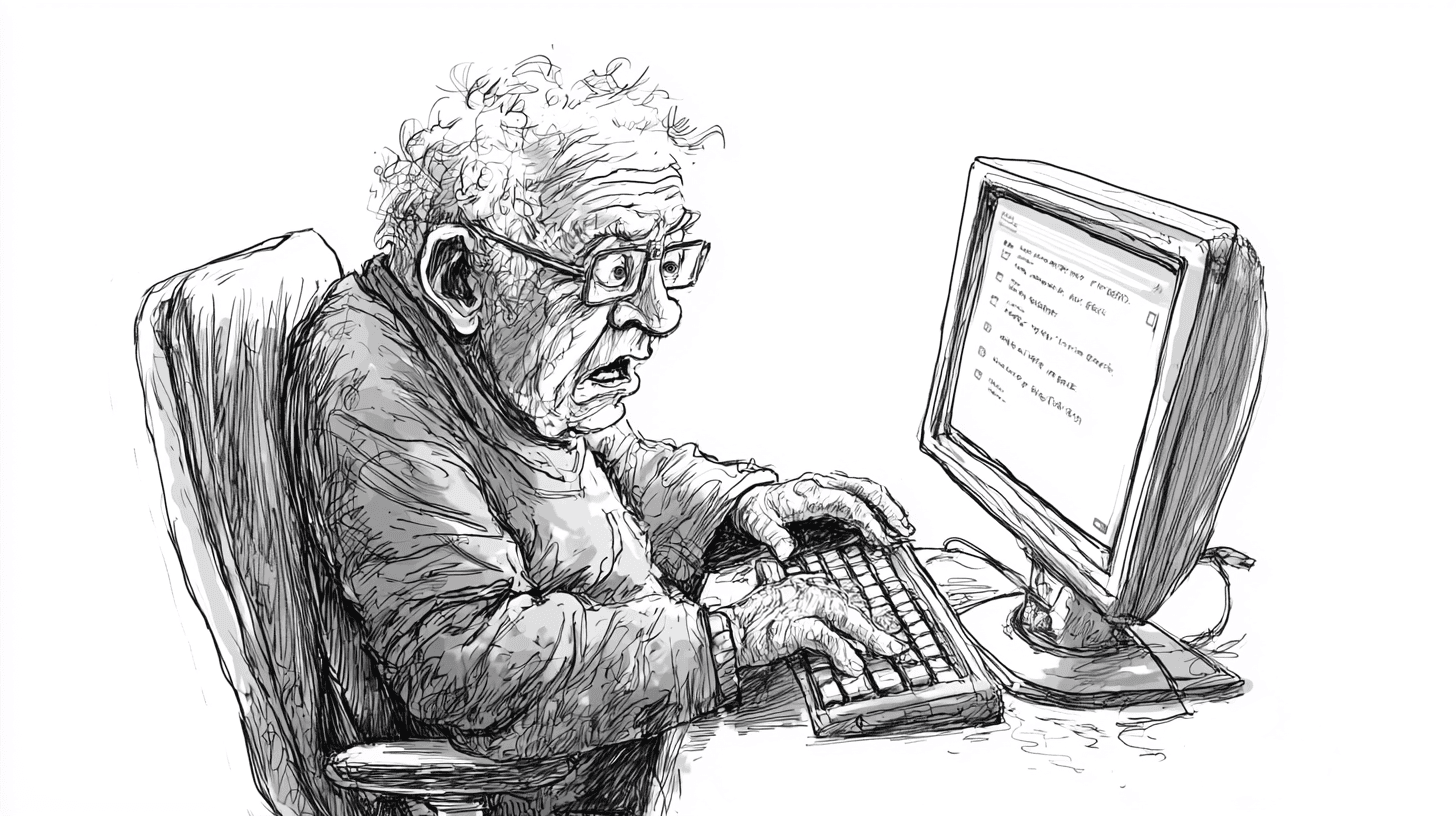 Sketch of an elderly person using a computer, looking surprised while typing on a keyboard.