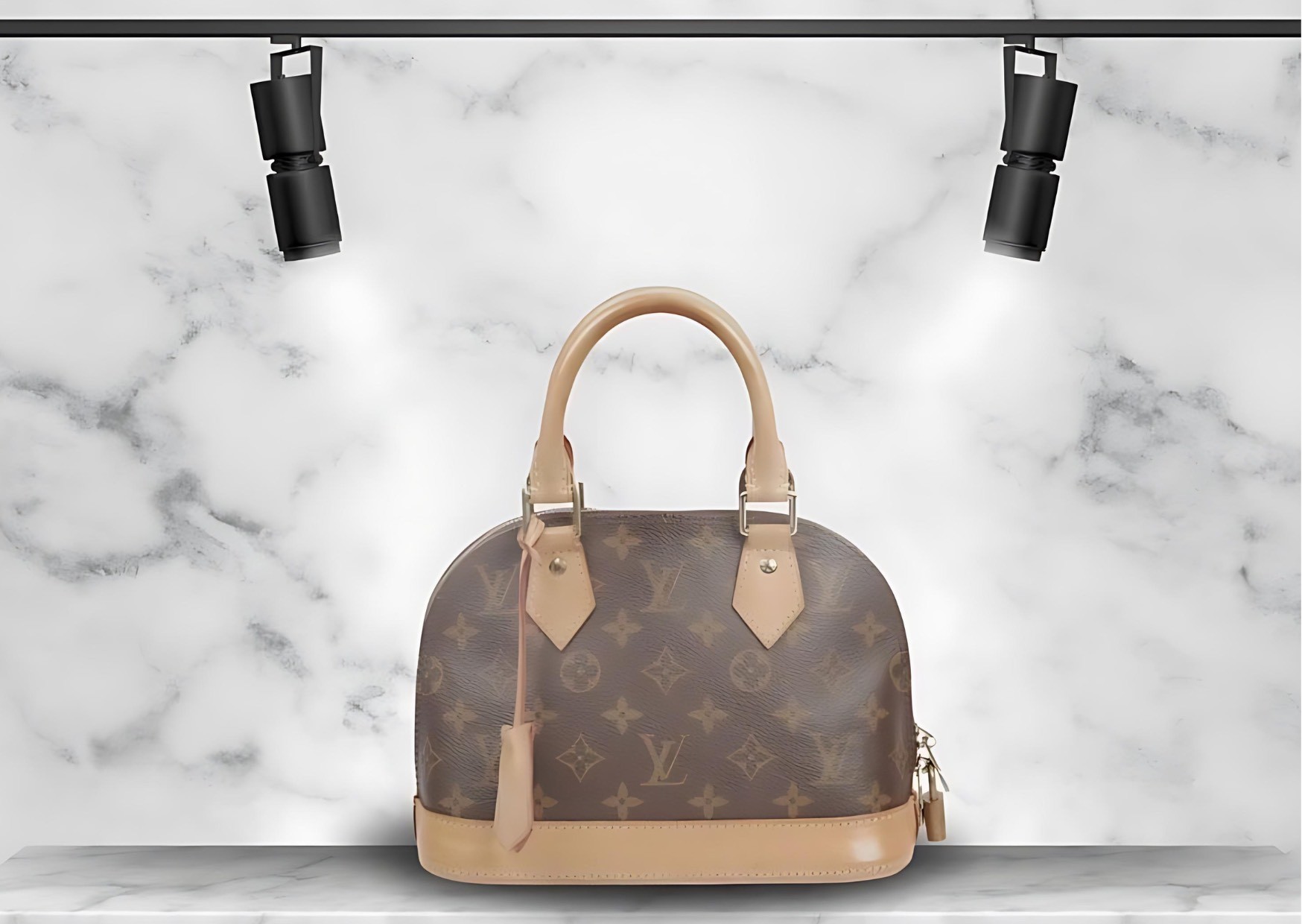 Luxury, designer branded, elegant, chic, stylish LV Alma BB Monogram Canvas handbag in two tones of brown: light and dark - exuding sophistication and class - on a marble table and background.