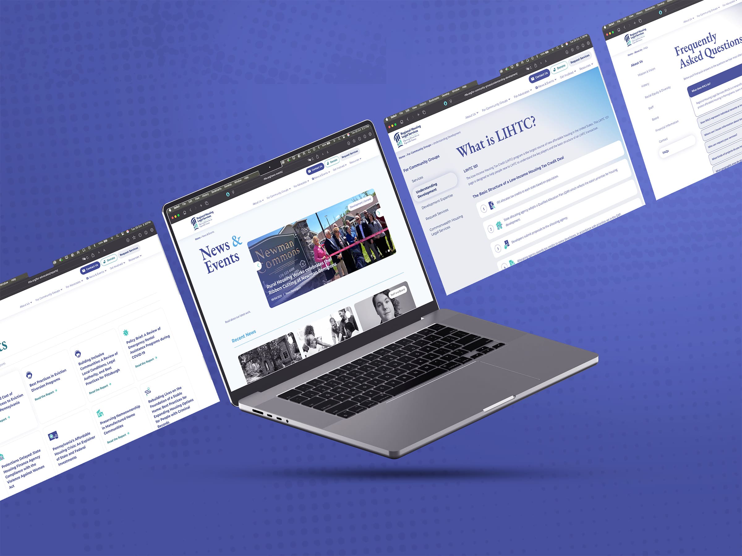 Stylized mockups of the new Iron Arch website. In the left we see the mobile version, and in the center the desktop one.