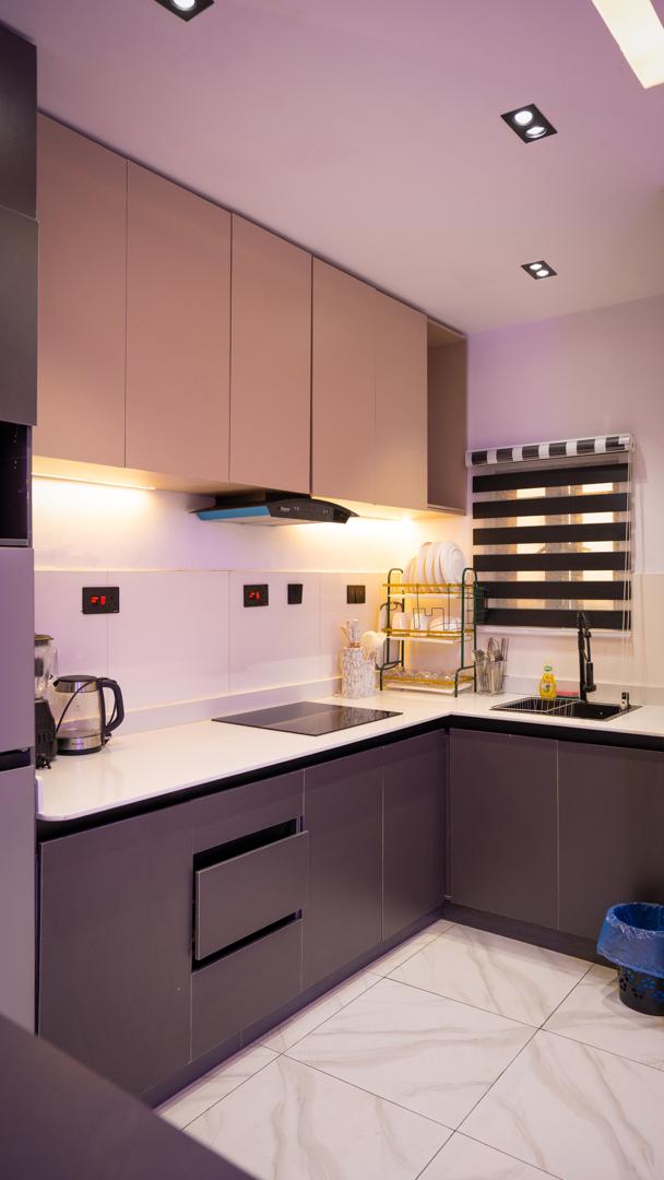 Modern kitchenette at Urban Suites, one-bedroom shortlet apartment in Surulere, Lagos