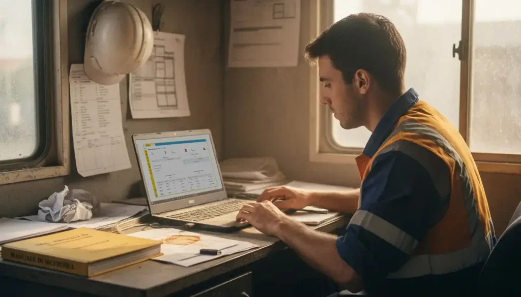 Un operaio sta caricando i documenti sulla sicurezza nel software sicurezza nei cantieri nell’ufficio del cantiere.