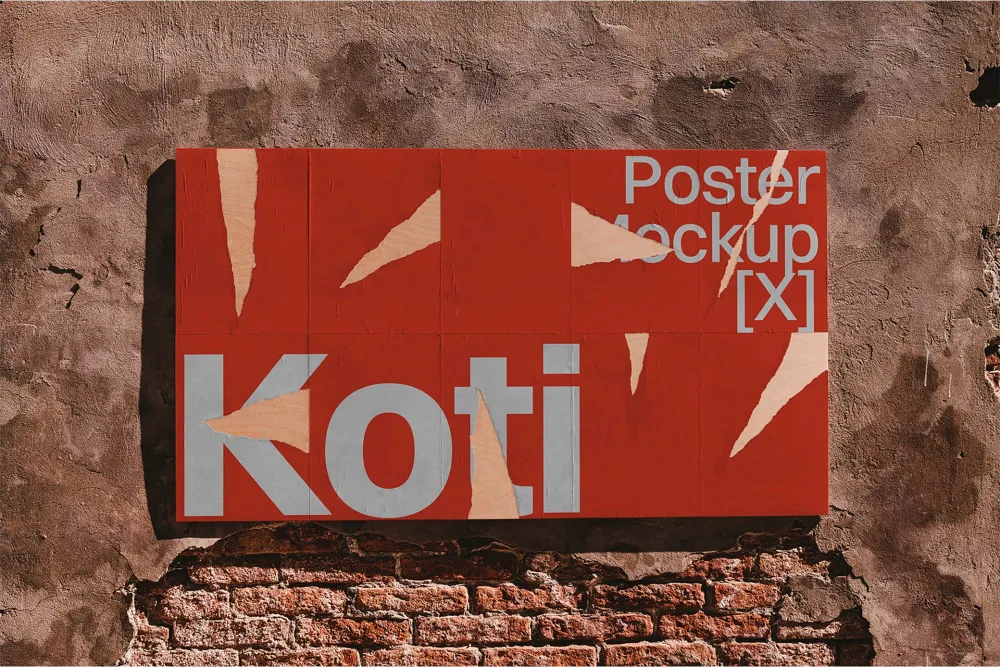 A red poster with torn edges revealing a textured background, mounted on a weathered wall with a mix of plaster and exposed bricks. Sunlight enhances the rugged, urban aesthetic.