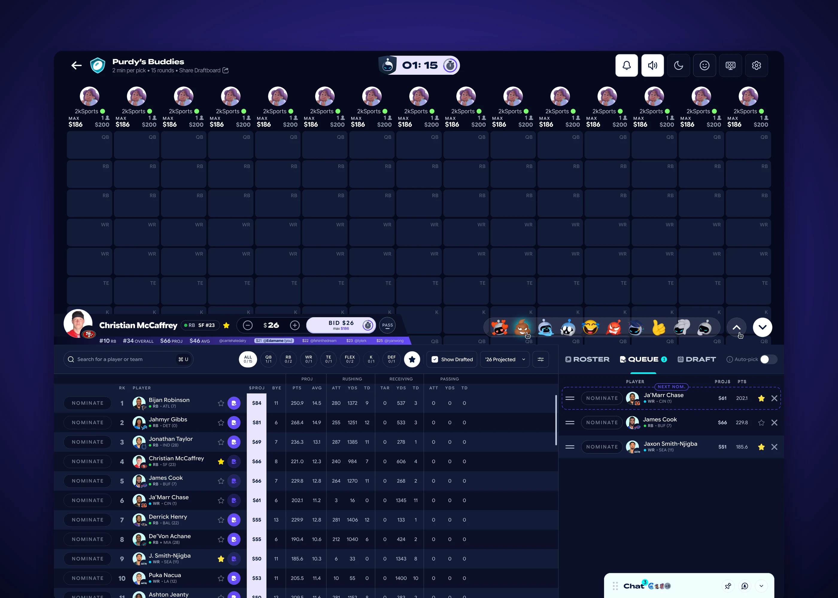The auction draftboard in dark mode with the bid bar in the middle
