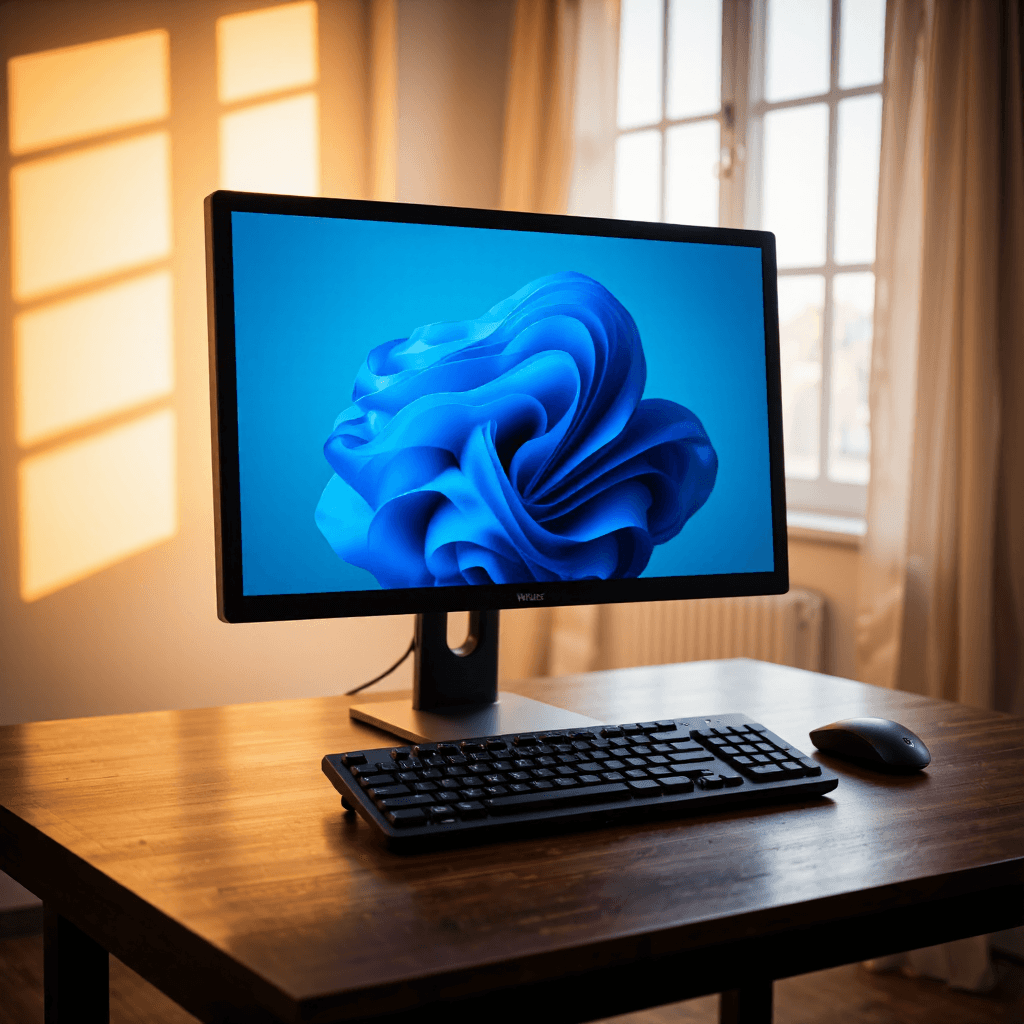 product photography of a desktop computer with monitor, keyboard, and mouse