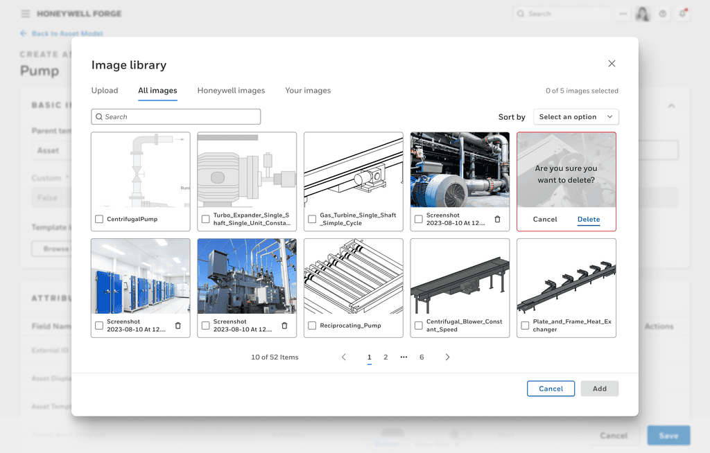 Final design for the image library with a 'Are you sure' message for deleting an image