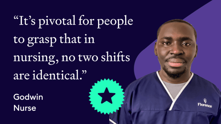 Testimonial graphic featuring nurse Godwin with a quote about the uniqueness of nursing shifts.