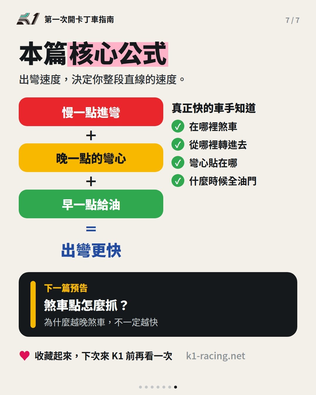 本篇核心公式：慢一點進彎加晚一點的彎心加早一點給油等於出彎更快
